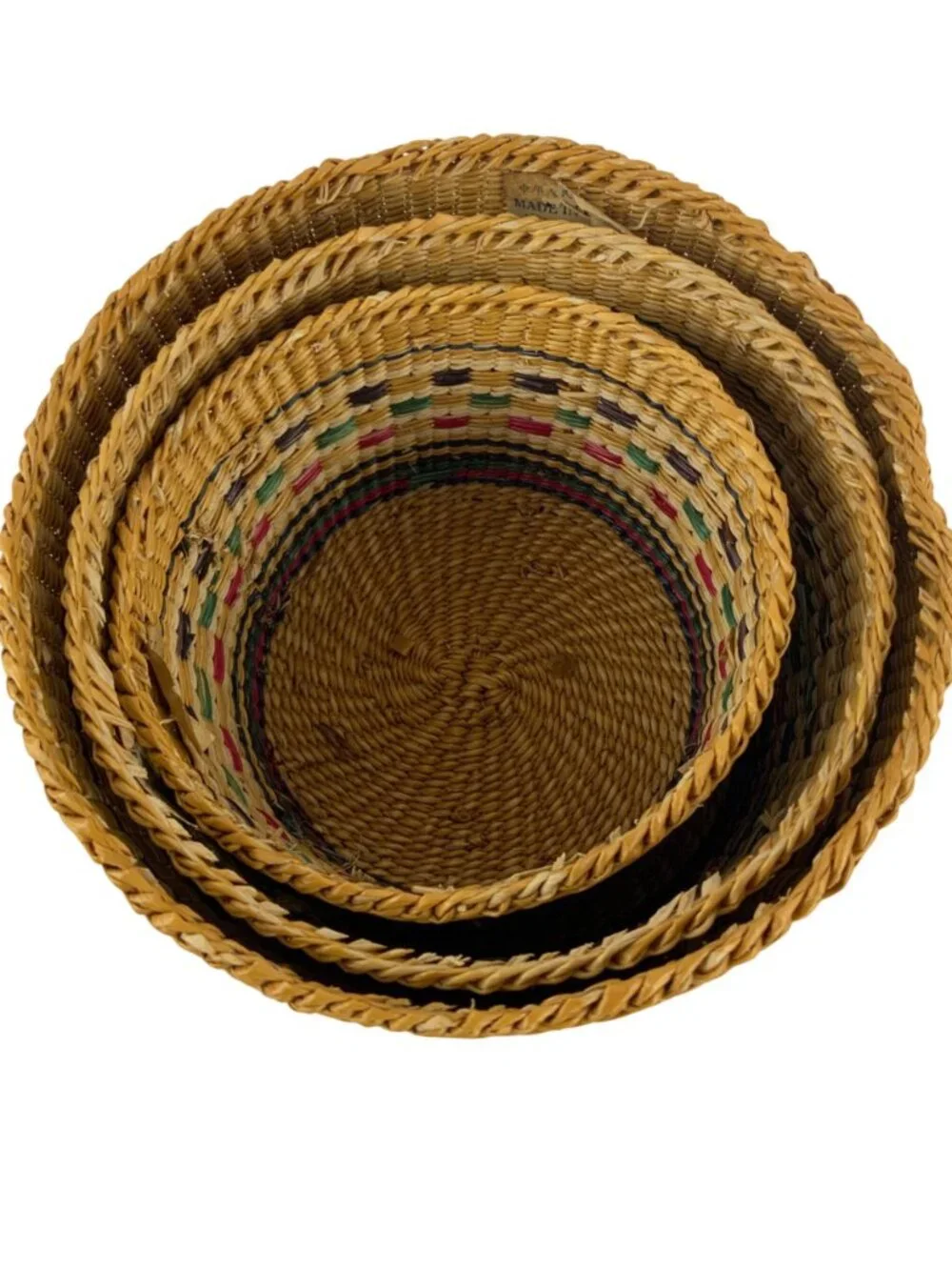Set Of 3 Round Woven Straw Storage Baskets With Lids Multicolor Made In China